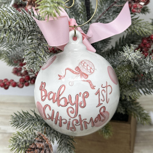 Baby's 1st Christmas Ceramic Ornament, 4 x 3.75 inches, White with Blue Polka Dots, Hand-Lettered