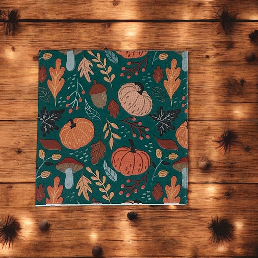 Fall Pumpkin Decoupage Napkins Leaves Berries Acorns Thanksgiving Orange Green Brown Cocktail Paper