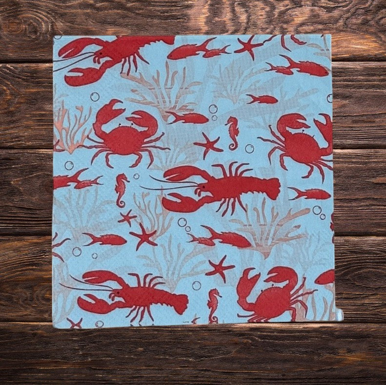 Crab Coastal Decoupage Napkins Blue Red Nautical New England Lobster Cocktail Paper