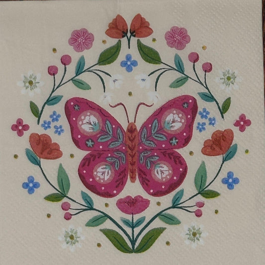 pink paper napkin with a fuschia butterfly and floral designs
