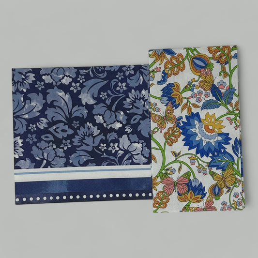 Blue White Floral Decoupage Napkins Formal Stripes Yellow Rust Paper Cocktail Bundle