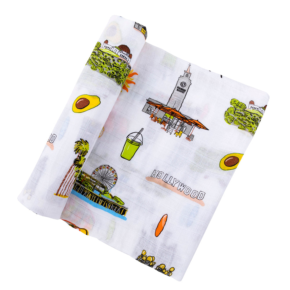 Los Angeles Newborn Gift Set: Muslin Swaddle & Bib | Organic Cotton