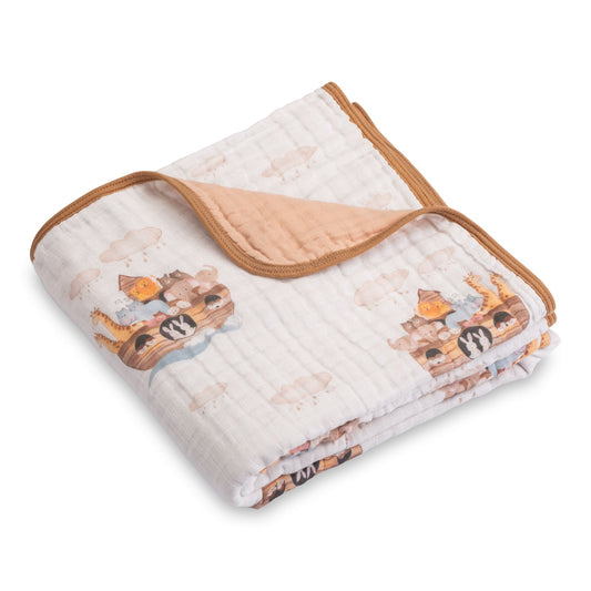 LollyBanks Muslin Baby Blanket, 100% Cotton Lightweight Baby Quilt, 47"x 47" and 6 Layers Newborn Blanket, (Noah's Ark Pattern)
