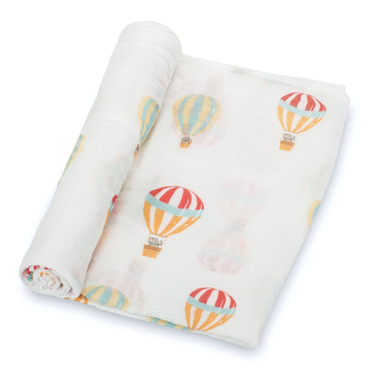 Baby Hot Air Balloons Swaddle Blanket - Up, Up, and Away: 47" x 47" 100% Muslin Cotton