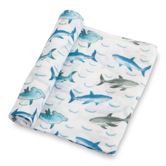 LollyBanks Muslin Swaddle Blankets, 100% Cotton Baby Blanket, 47"x 47" Newborn Swaddle Blanket, (Shark Print)