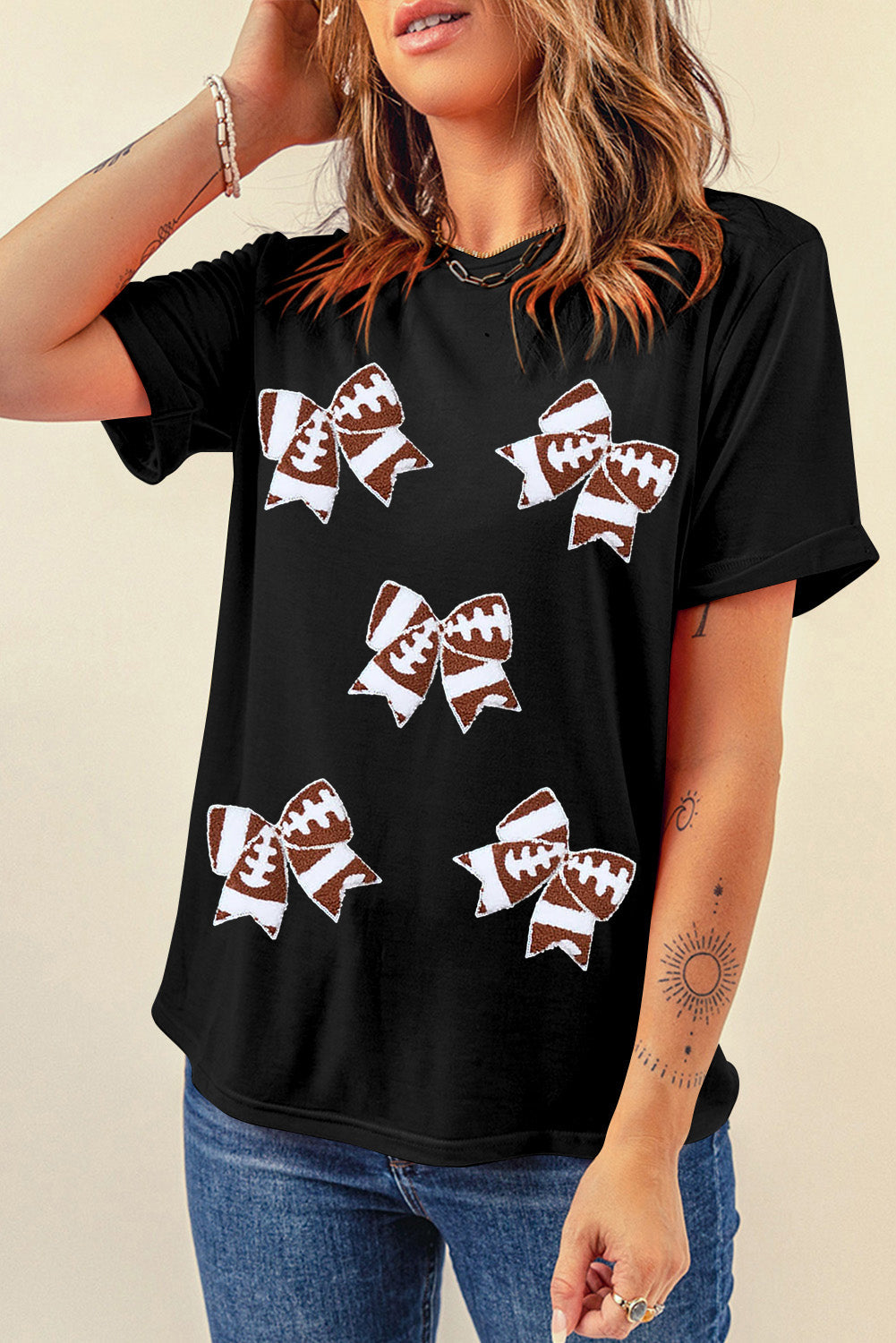 Black Football Bowknot Pattern Game Day T Shirt