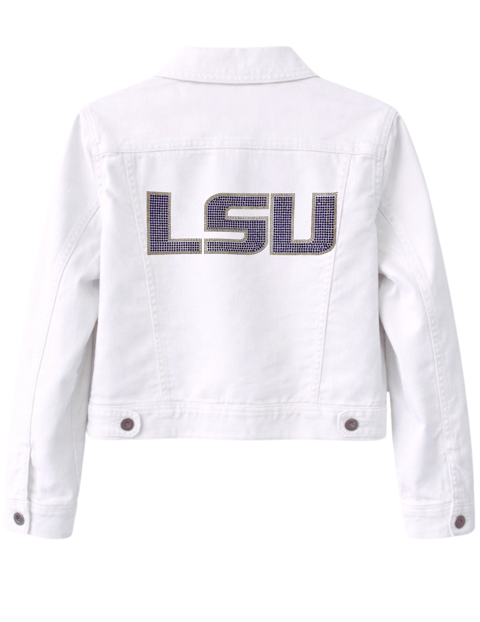 Louisiana State University Crystal Block Letters White Denim Jacket