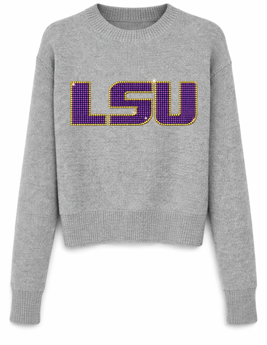 Louisiana State University Crystal Block Letters Gray Crewneck Long Sleeve Sweater