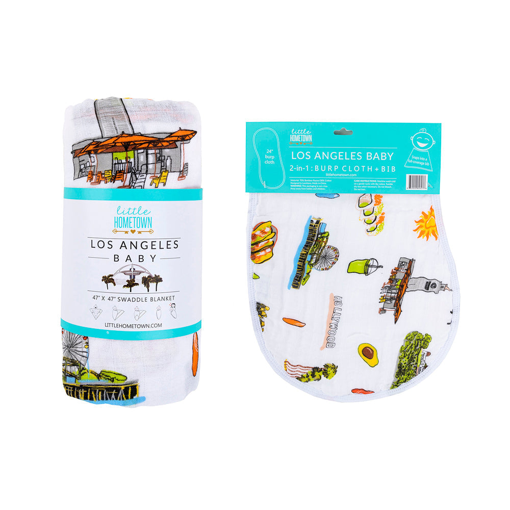 Los Angeles Newborn Gift Set: Muslin Swaddle & Bib | Organic Cotton
