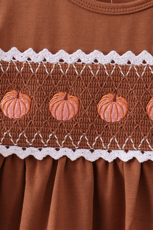 Brown Pumpkin Smocked Lace Dress