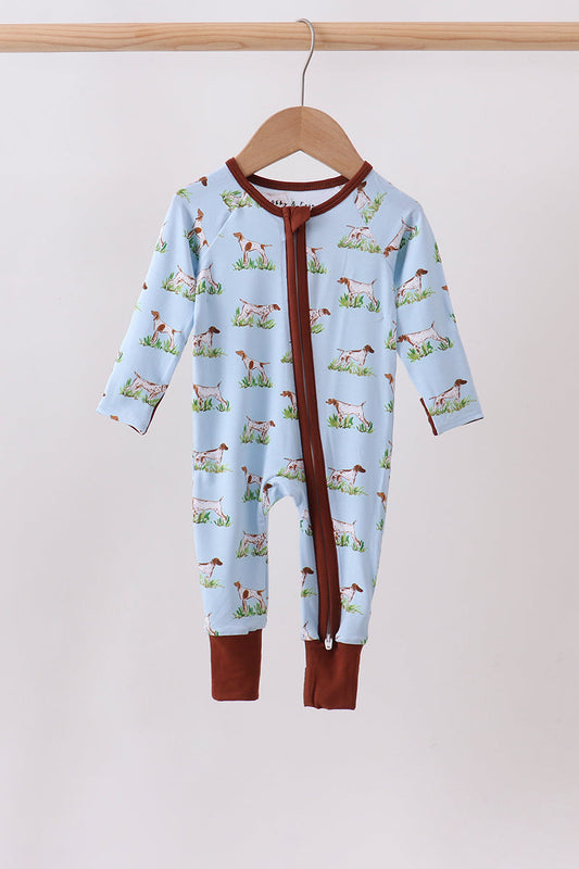 Blue puppy hunting bamboo zipper romper