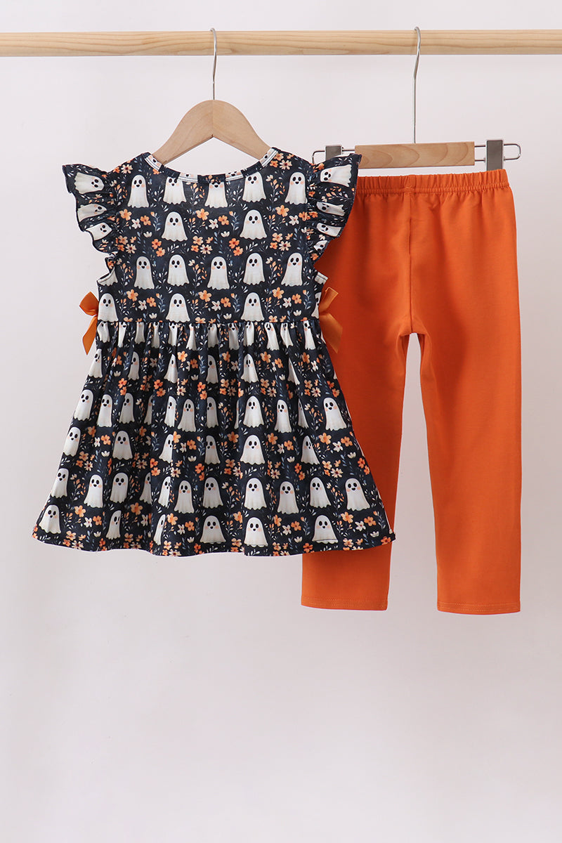 Orange Ghost Embroidery Ruffle Pants Set
