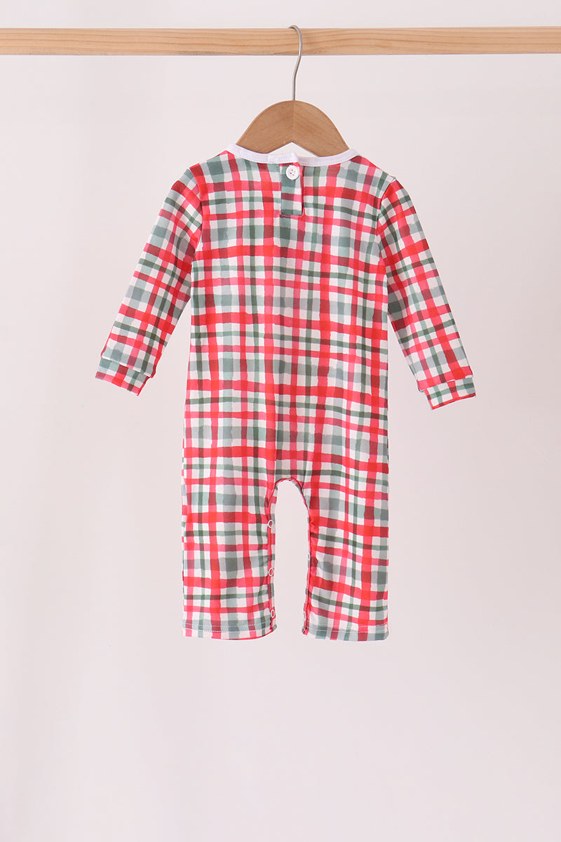 Green merry christmas embroidery plaid romper