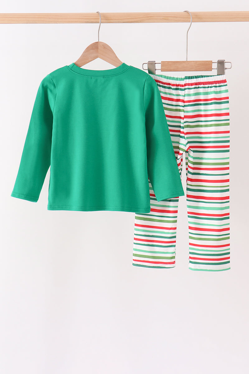 Green christmas tree applique stripe pants set