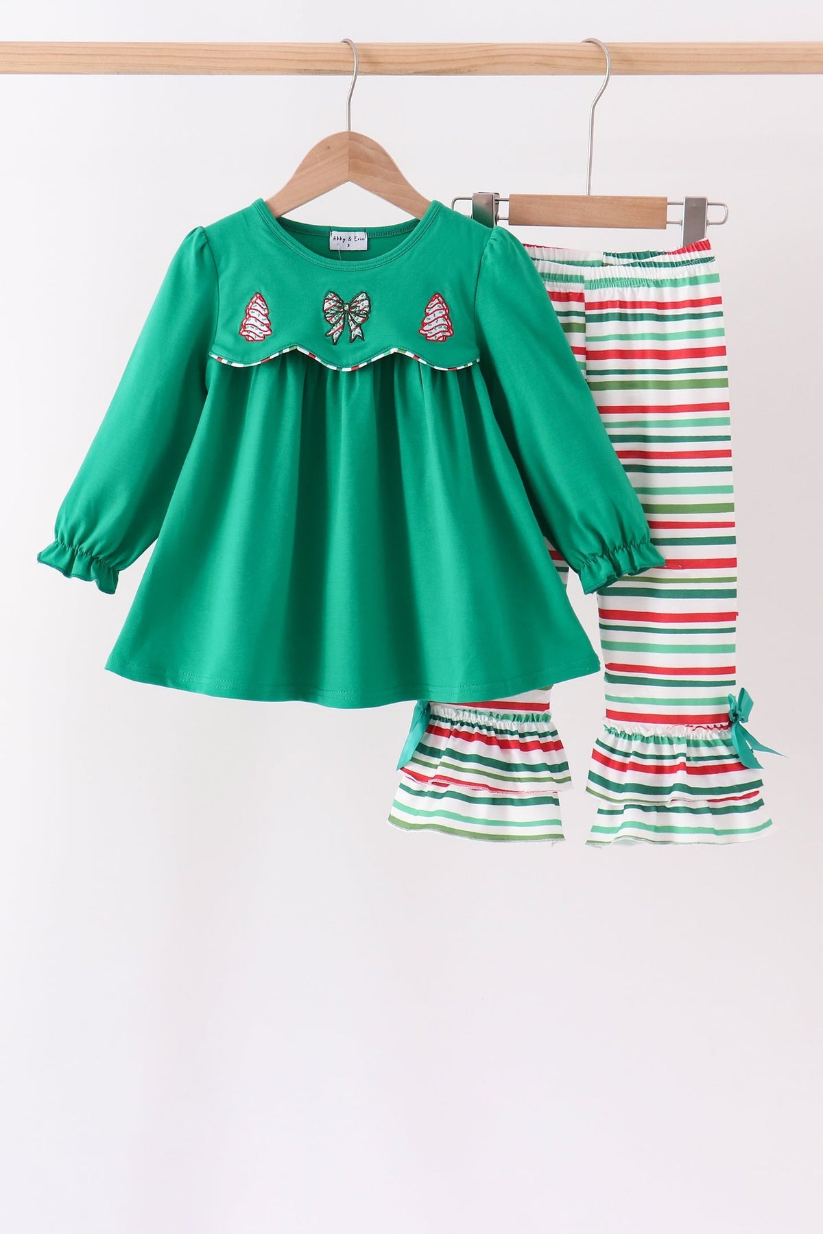 Green christmas tree applique stripe ruffle pants set