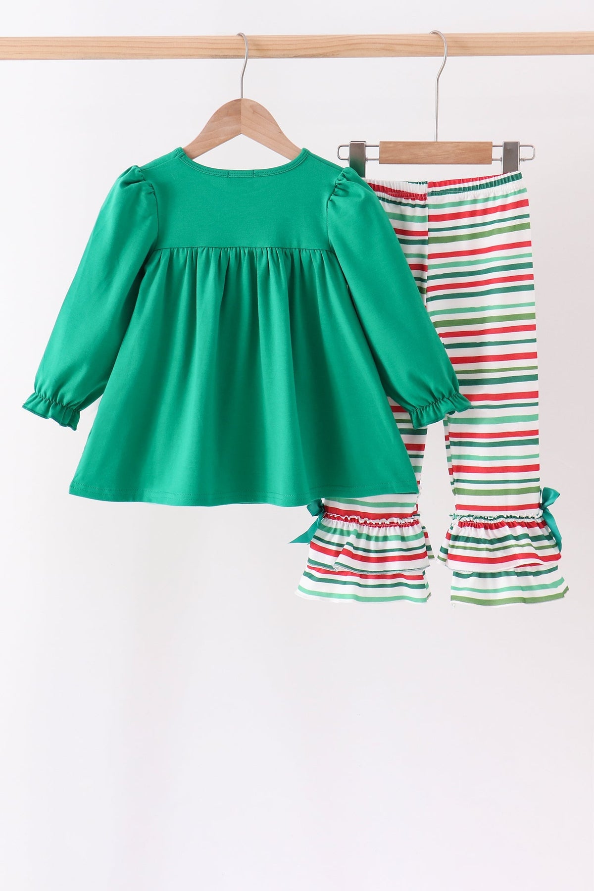 Green christmas tree applique stripe ruffle pants set