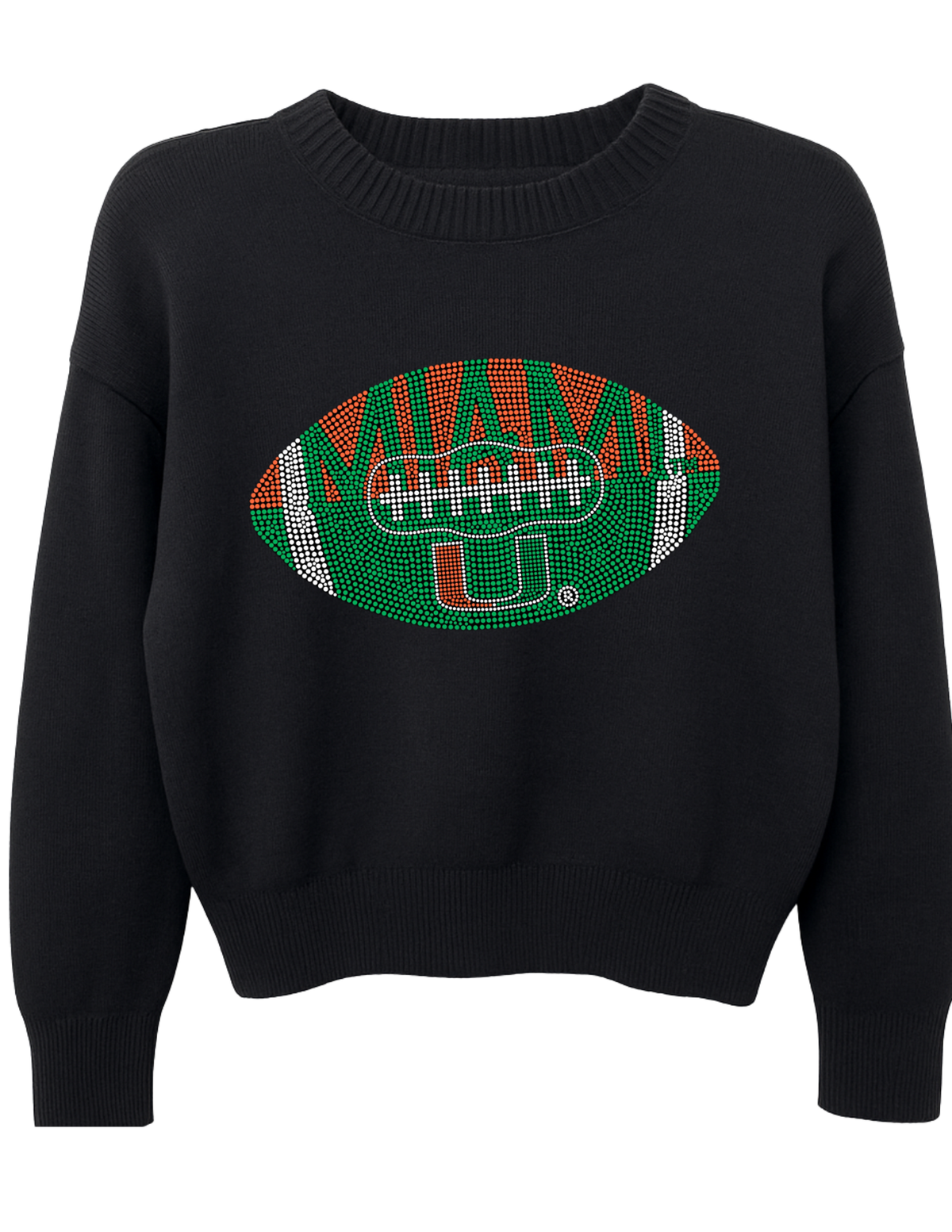 University Of Miami Football Black Crewneck Long Sleeve Sweater