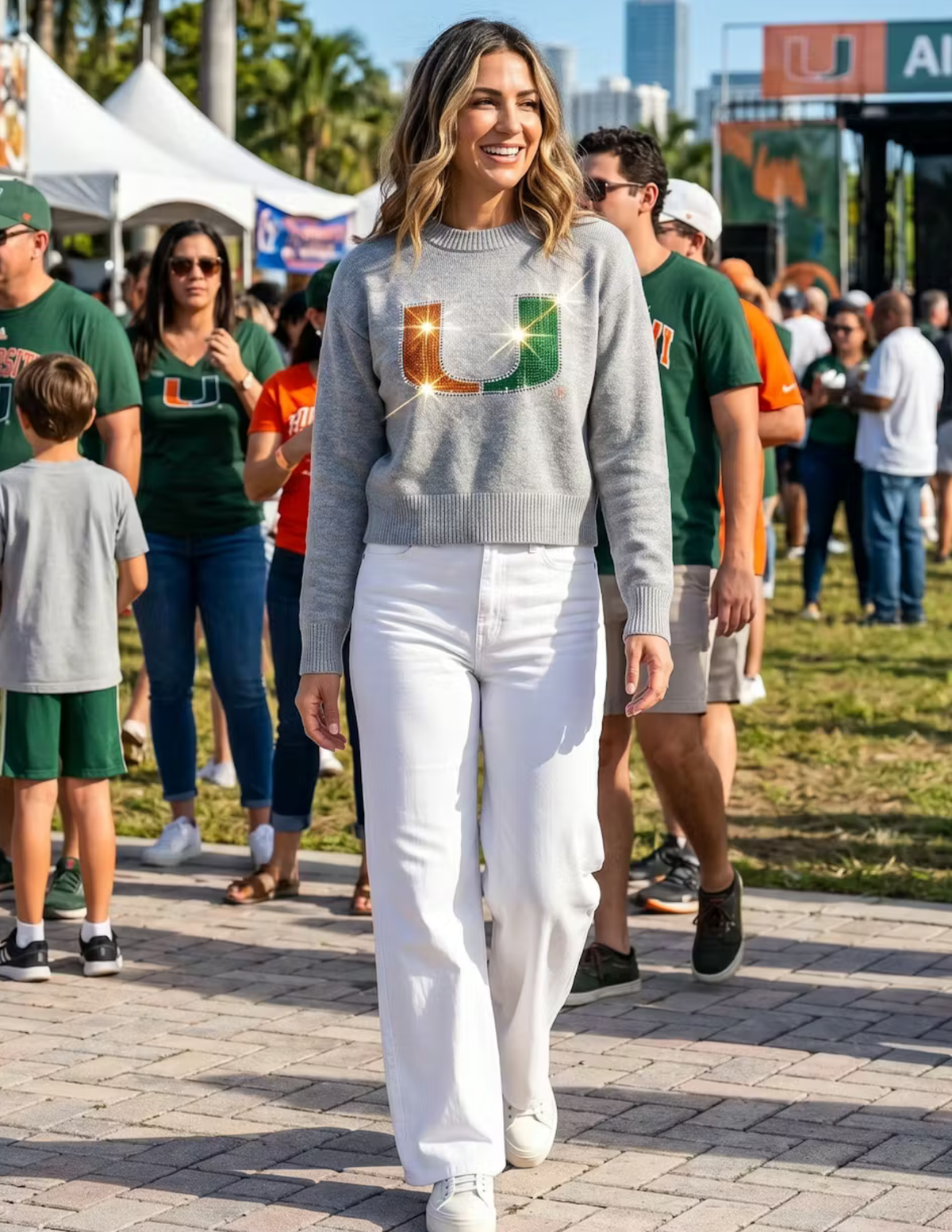 University Of Miami Large U Gray Crewneck Long Sleeve Sweater