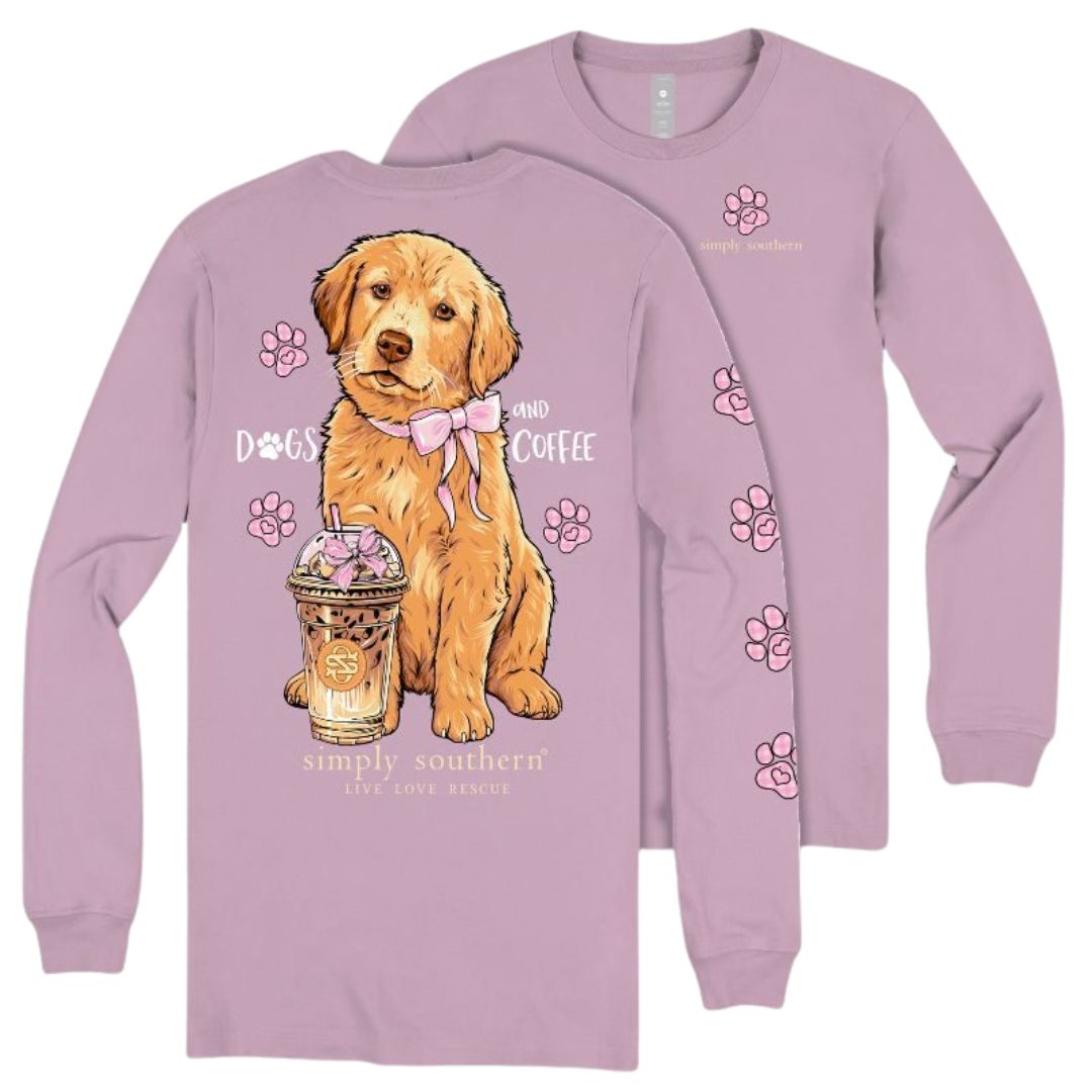 Dogs and Coffee - Golden Retriever - Pink Bow - SS - F26 - Adult Long Sleeve
