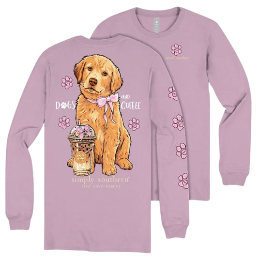 Dogs and Coffee - Golden Retriever - Pink Bow - SS - F26 - Adult Long Sleeve
