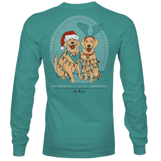 Christmas Lights Dogs - We Woof You A Merry Christmas - Adult Long Sleeve - Lily Grace