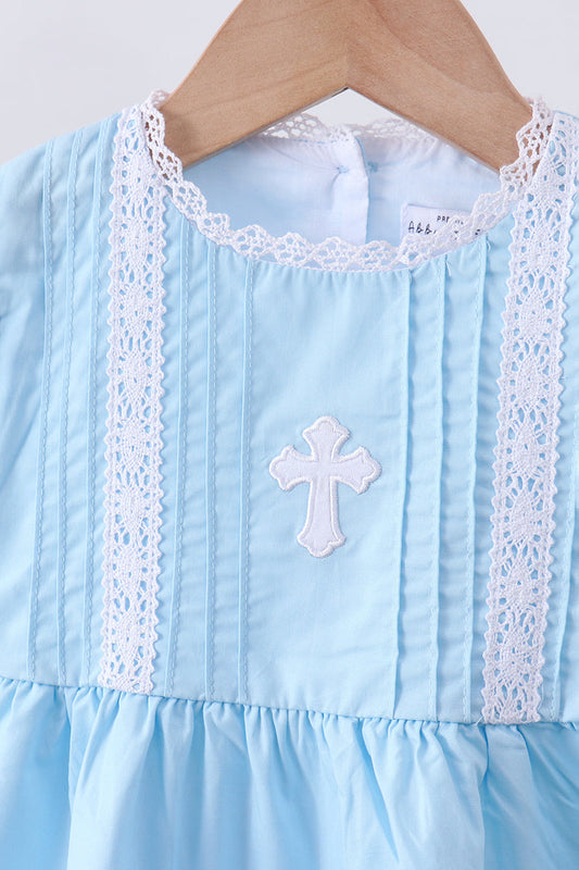 Blue cross embroidery lace pants set