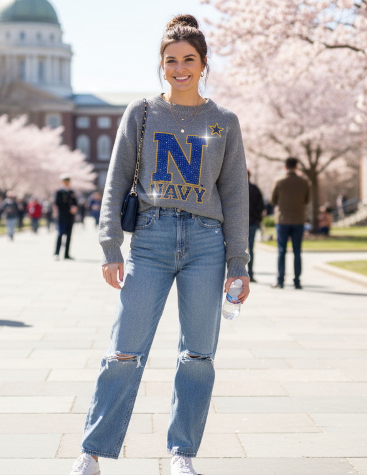 Naval Academy Large N Gray Crewneck Long Sleeve Sweater