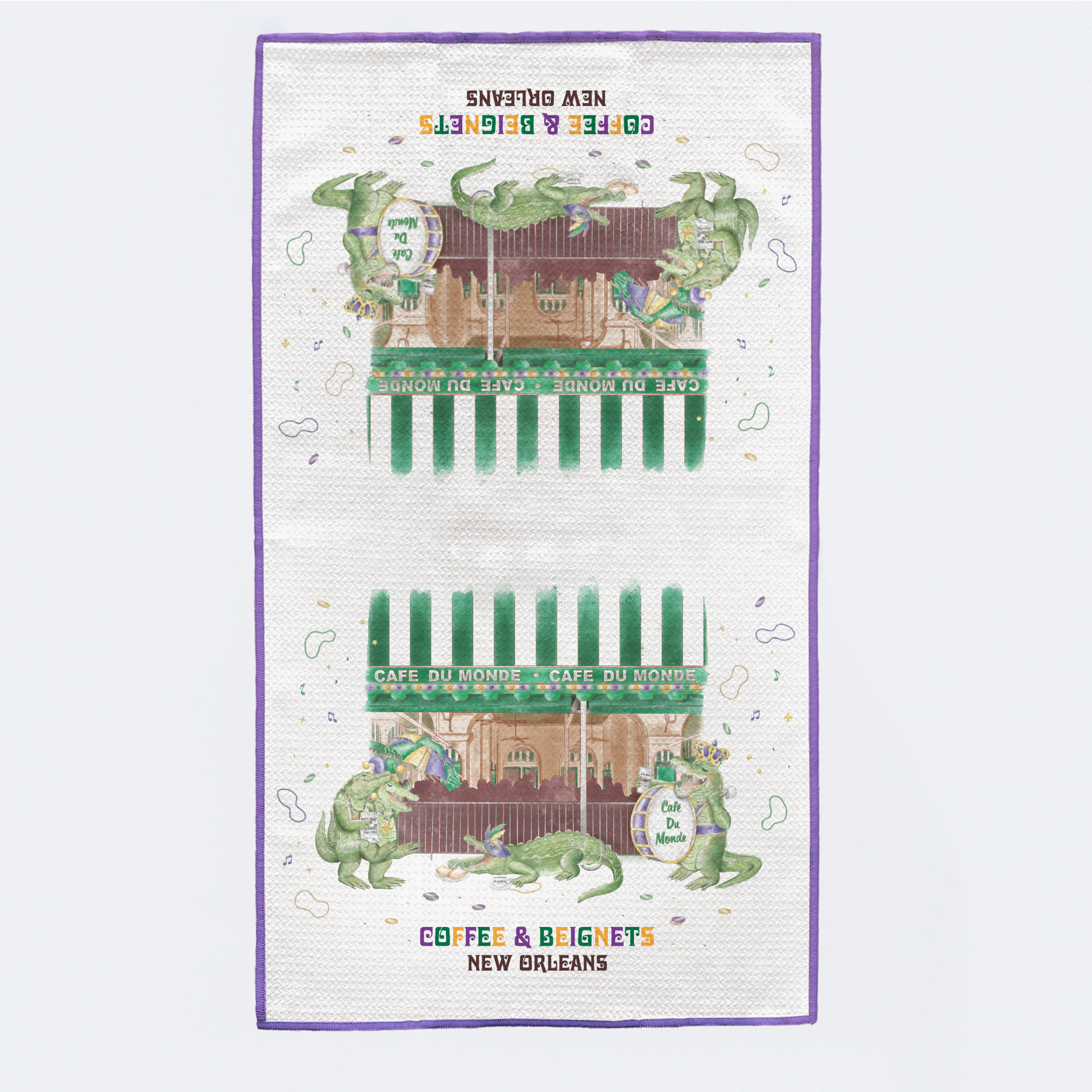 Tea towel with a design of Cafe du Monde in New Orleans, featuring green and white colors.