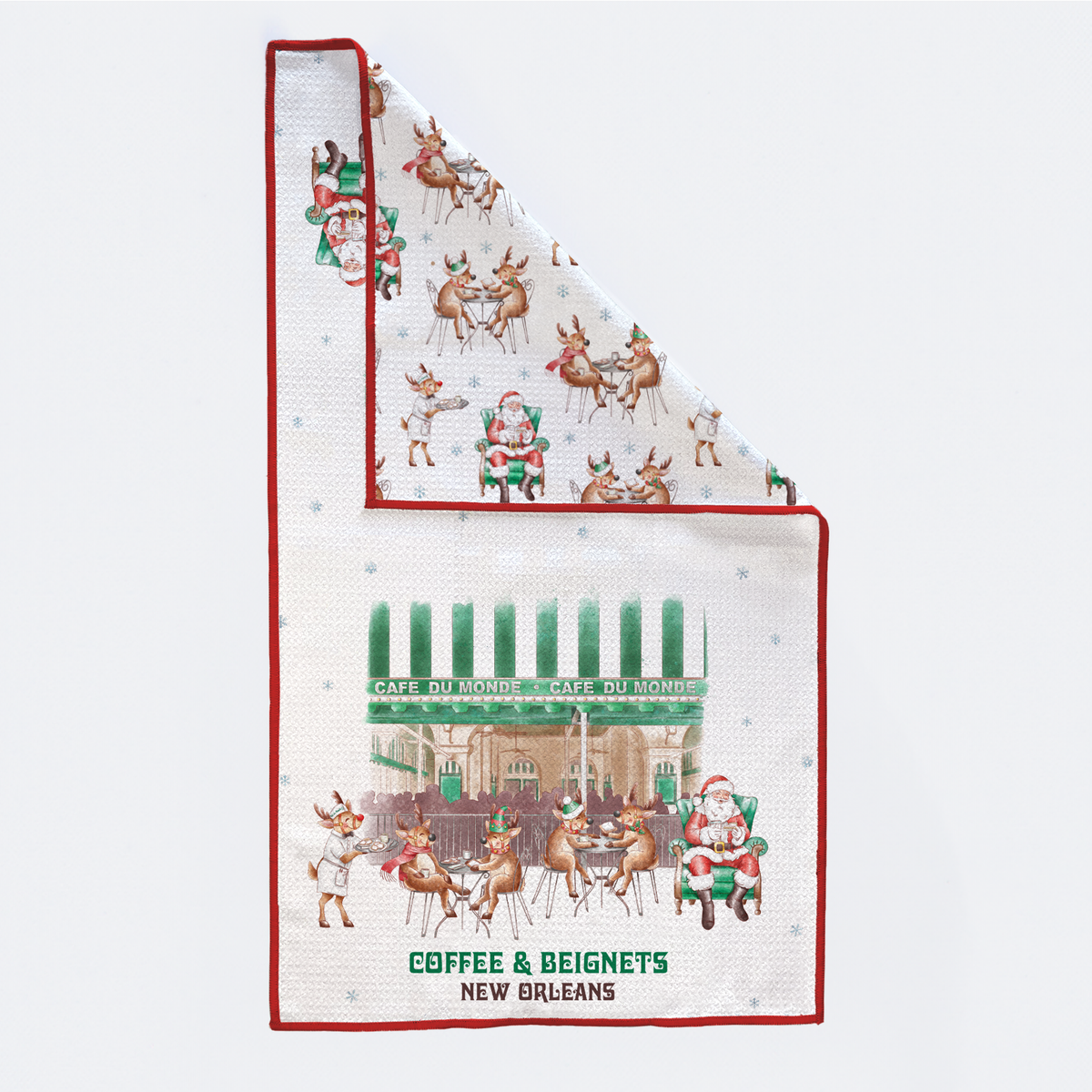 Two decorative kitchen towels with festive designs on a white background