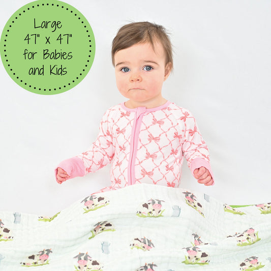 LollyBanks Muslin Baby Blanket, 100% Cotton Lightweight Baby Quilt, 47"x 47" and 6 Layers Newborn Blanket, (Cow Print)