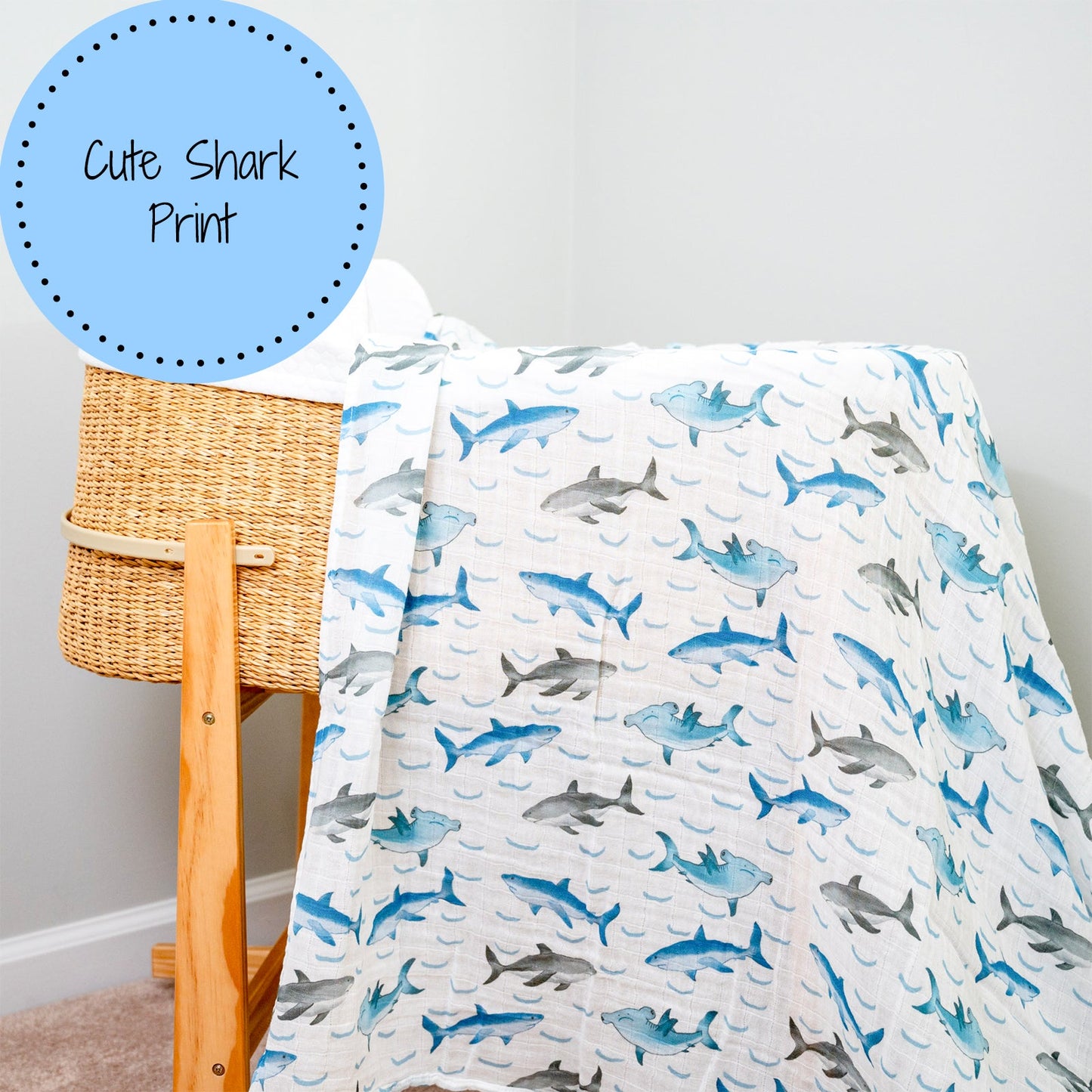 LollyBanks Muslin Swaddle Blankets, 100% Cotton Baby Blanket, 47"x 47" Newborn Swaddle Blanket, (Shark Print)