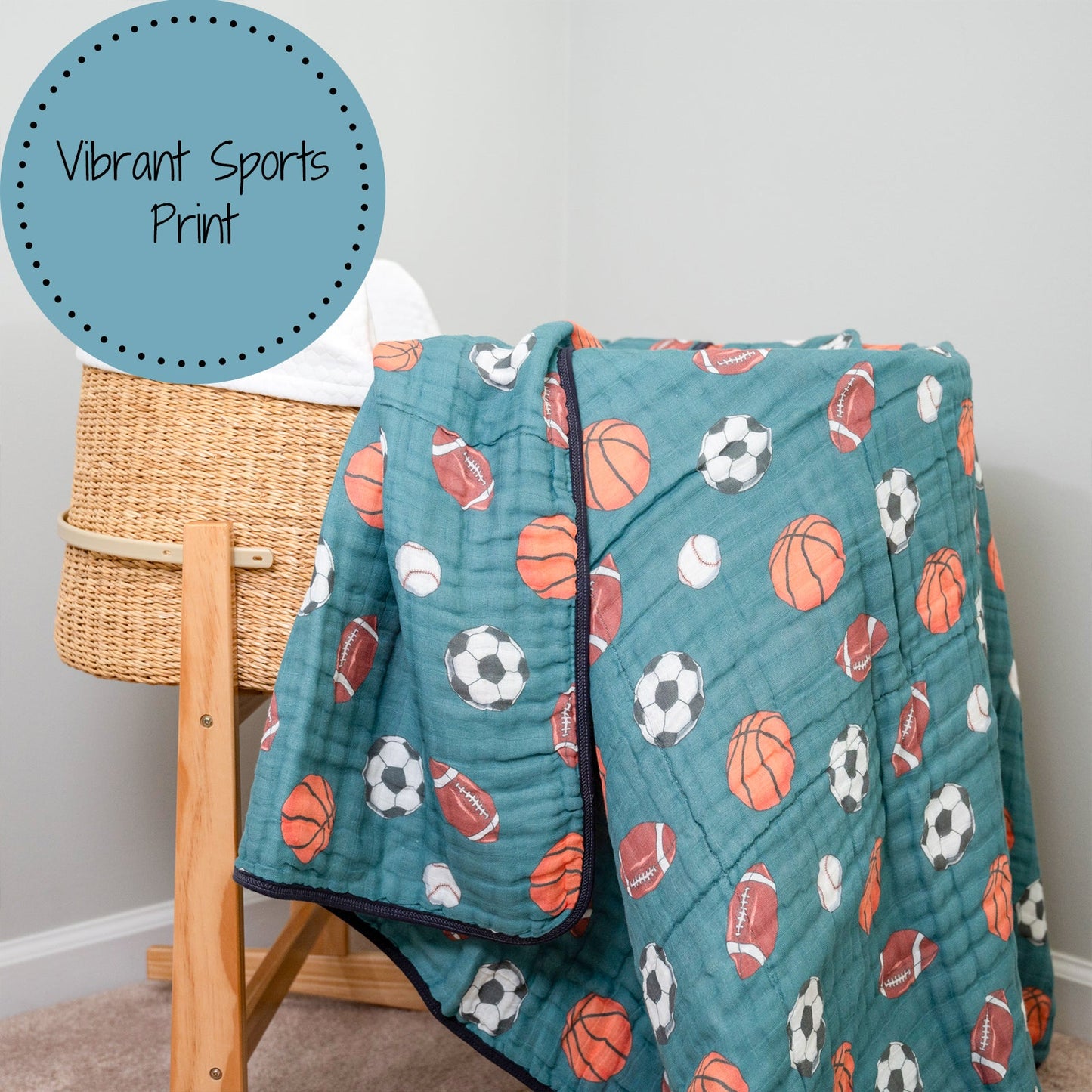 LollyBanks Muslin Baby Blanket, 100% Cotton Lightweight Baby Quilt, 47"x 47" and 6 Layers Newborn Blanket, (Sports Print)