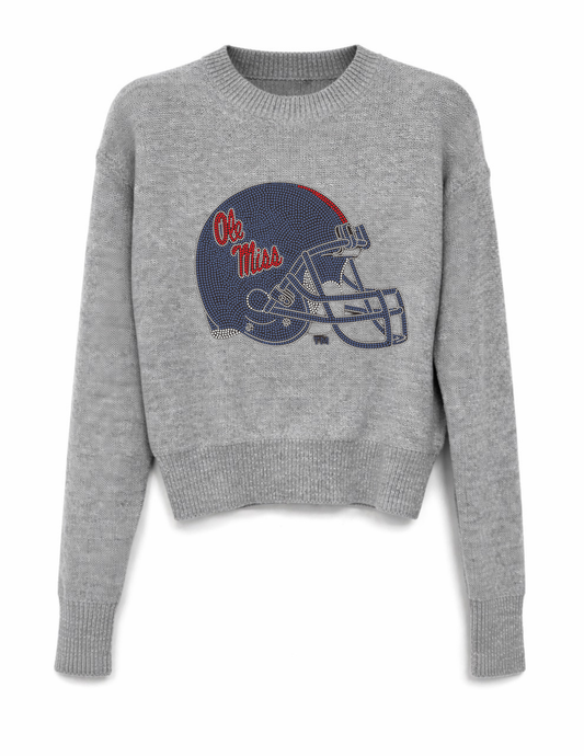University of Mississippi Helmet Gray Crewneck Long Sleeve Sweater