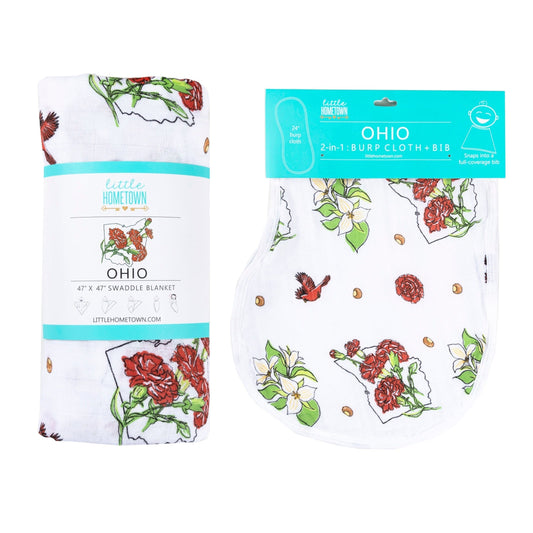 Ohio Newborn Gift Set: Muslin Swaddle & Bib (Floral)