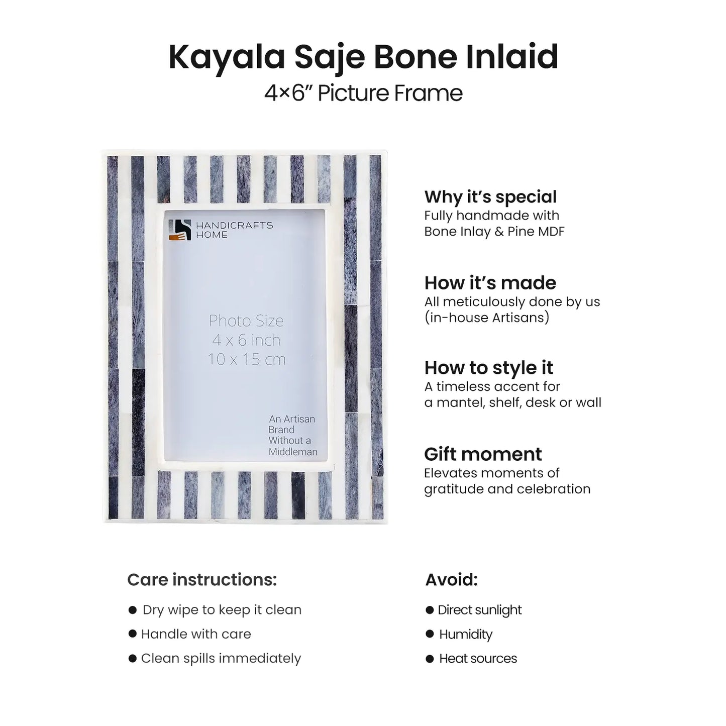 Picture Frames Kayala Saje Collection Bone Inlay, Grey-White, 4x6, 5x7 & 8x10