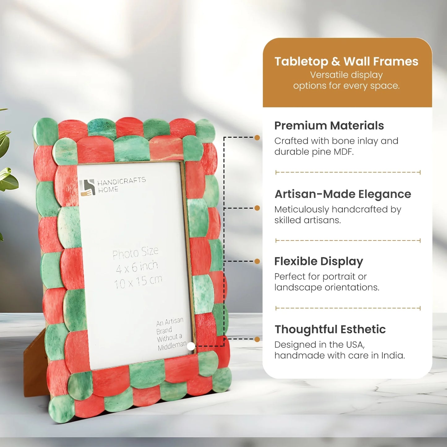 Picture Frame Scalloped Art Collection Bone Inlay Green Red 3 Sizes