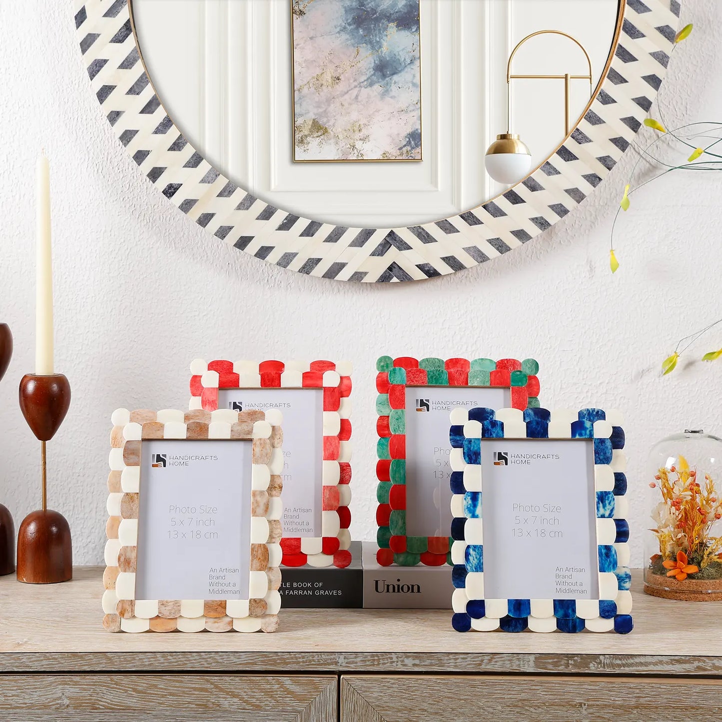 Picture Frame Scalloped Art Collection Bone Inlay Green Red 3 Sizes