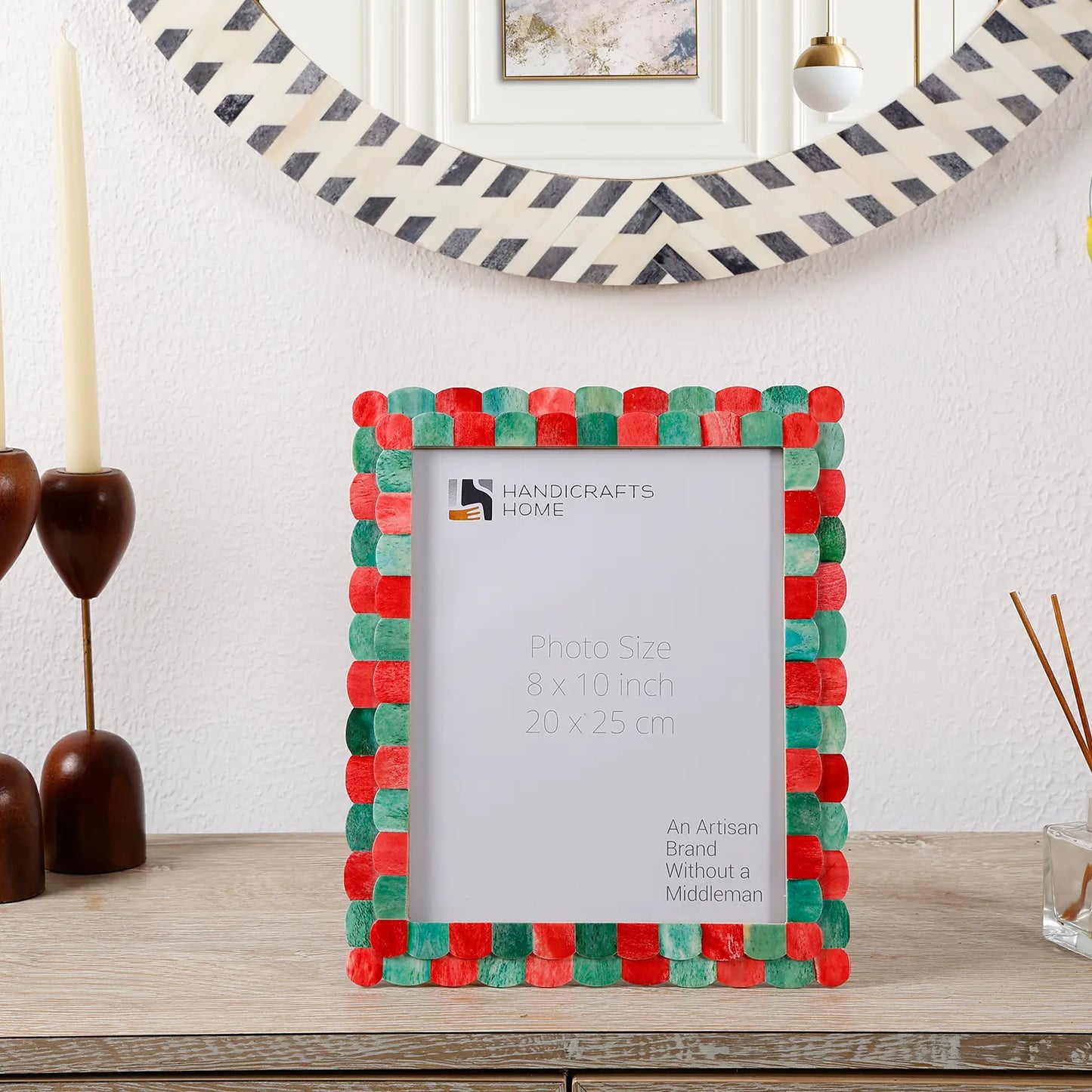Picture Frame Scalloped Art Collection Bone Inlay Green Red 3 Sizes
