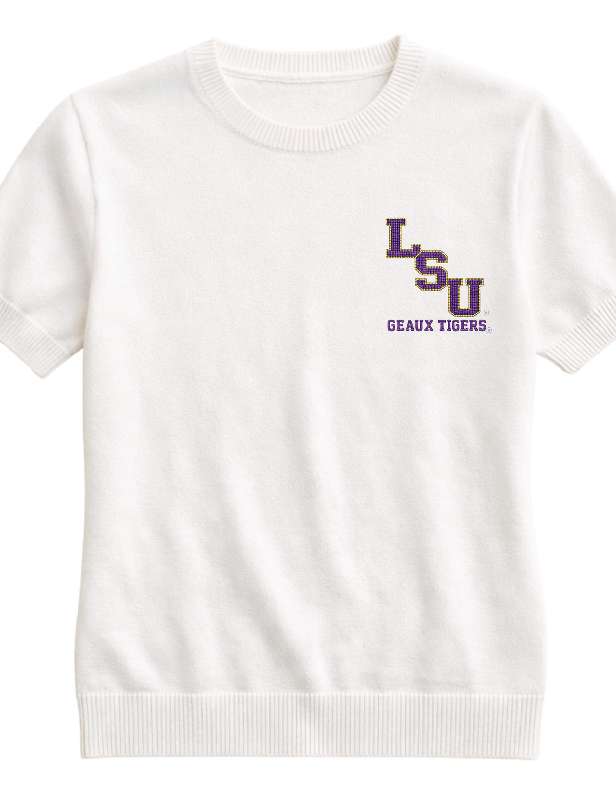 Louisiana State University Small Block Letters Geaux Tigers Ivory Short Sleeve Sweater