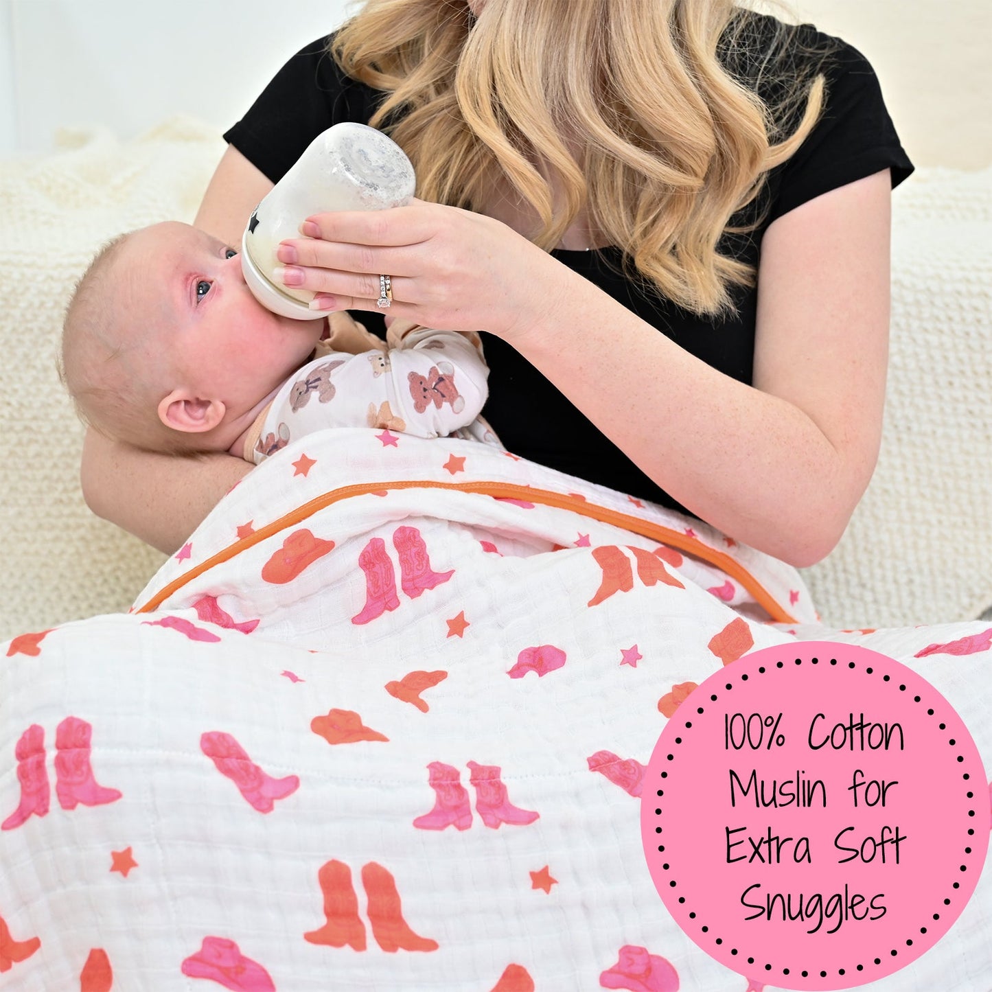 LollyBanks Muslin Baby Blanket, 100% Cotton Lightweight Baby Quilt, 47"x 47" and 6 Layers Newborn Blanket, (Pink Boot Print)