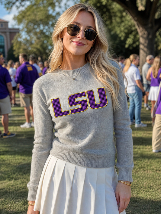 Louisiana State University Crystal Block Letters Gray Crewneck Long Sleeve Sweater