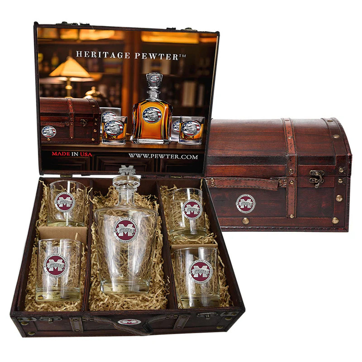 Mississippi State University Bulldogs "M" Royal Decanter with 3D Top Chest Set