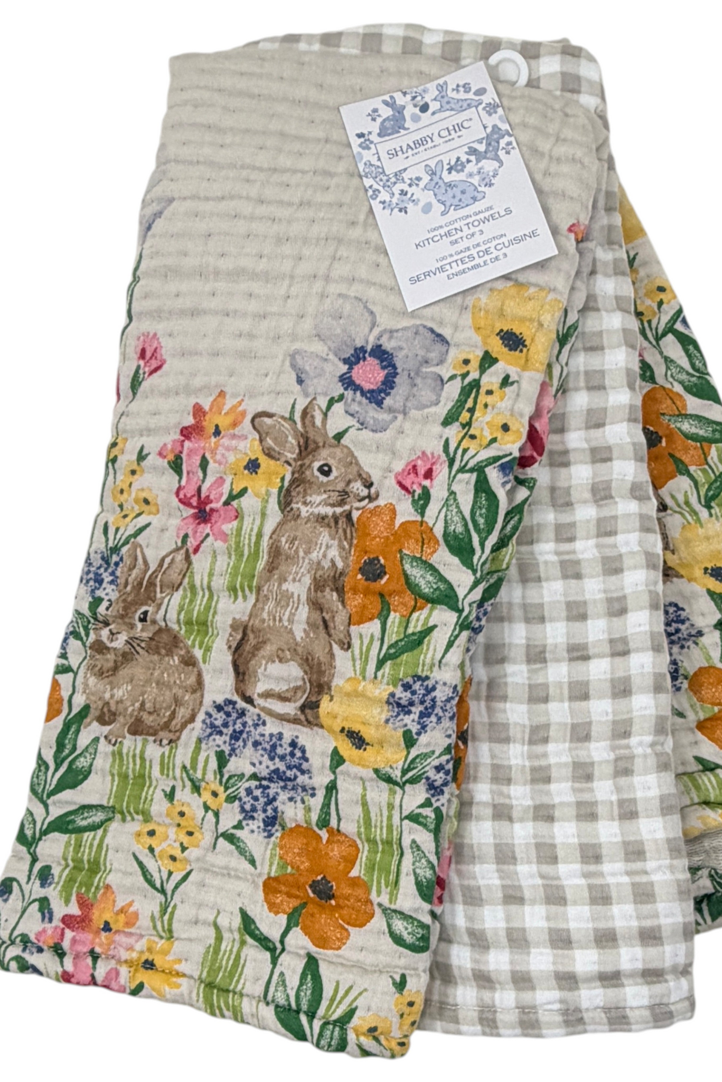 Vintage Farmhouse Easter Bunny Floral Kitchen Towels – Set of 3 | 100% Cotton Gauze Spring Towels with Gingham Accent