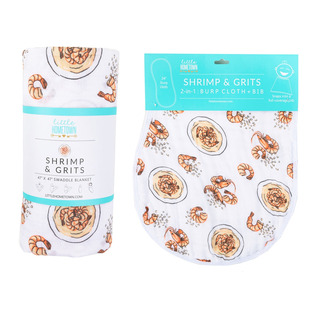 Shrimp'n Grits Newborn Gift Set: Muslin Swaddle & Bib