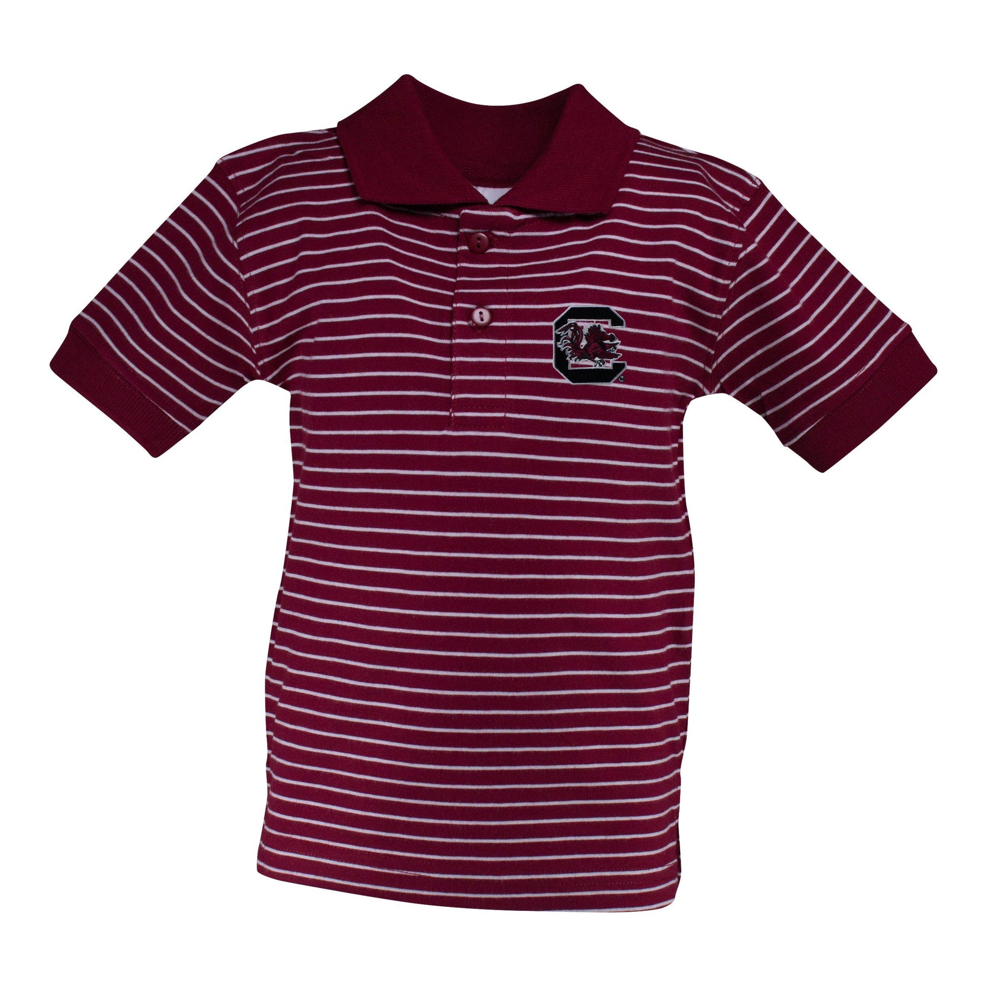 Maroon and white striped polo shirt with a south carolina gamecocks logo on a white background