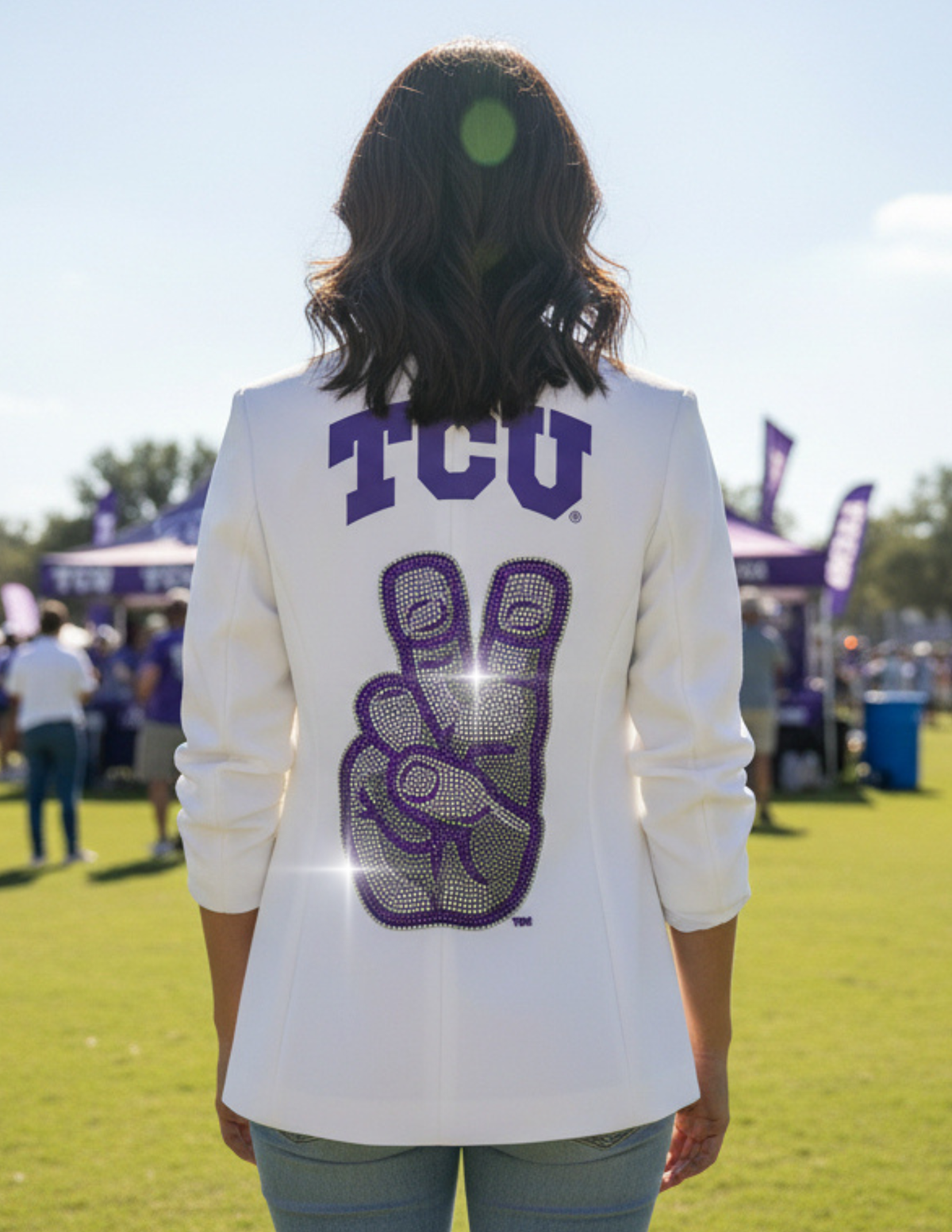 TCU Hand Mark White Ruched Sleeve Blazer