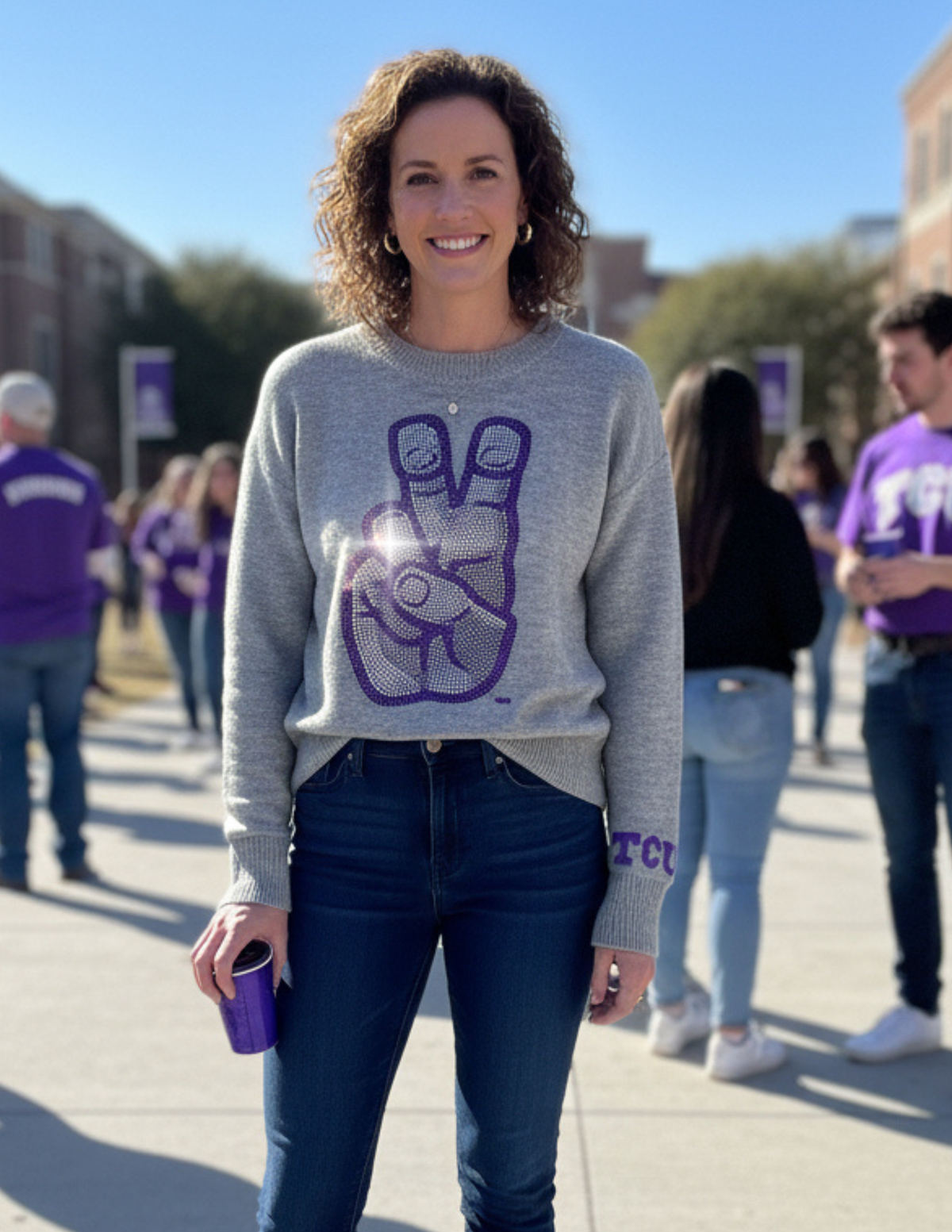 TCU Hand Gray Crewneck Long Sleeve Sweater
