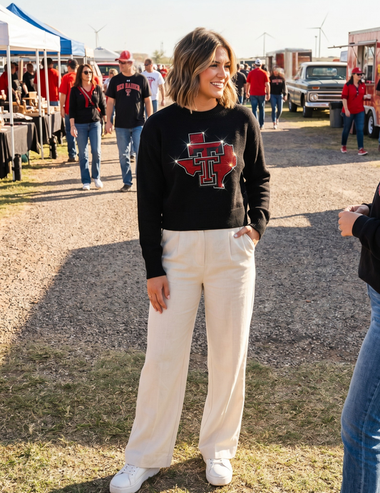 Texas Tech Double T Map Black Crewneck Long Sleeve Sweater