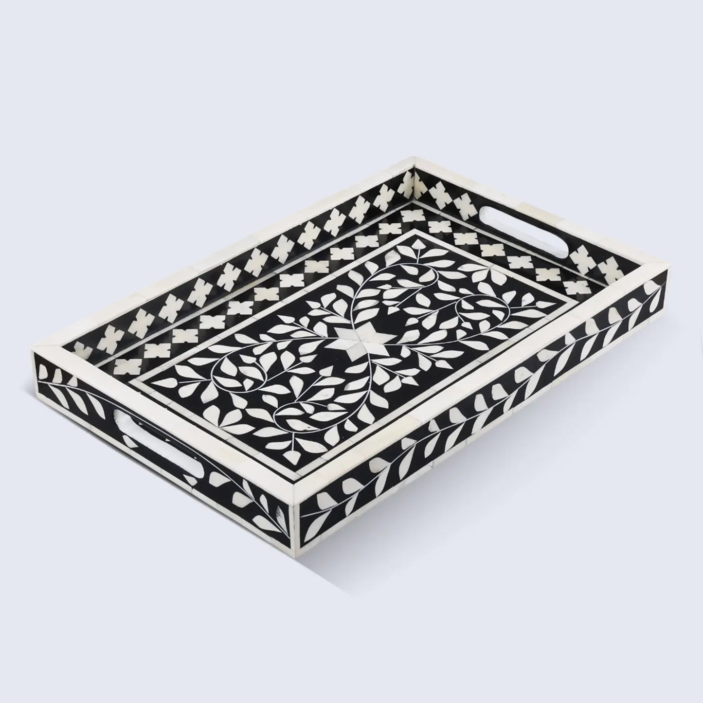 Decorative Tray Alhambra Negra Black White Bone & Resin Inlay – 11" x 17", 12" x 12"
