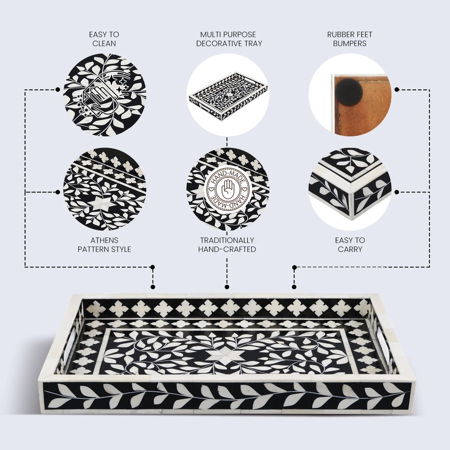 Decorative Tray Alhambra Negra Black White Bone & Resin Inlay – 11" x 17", 12" x 12"